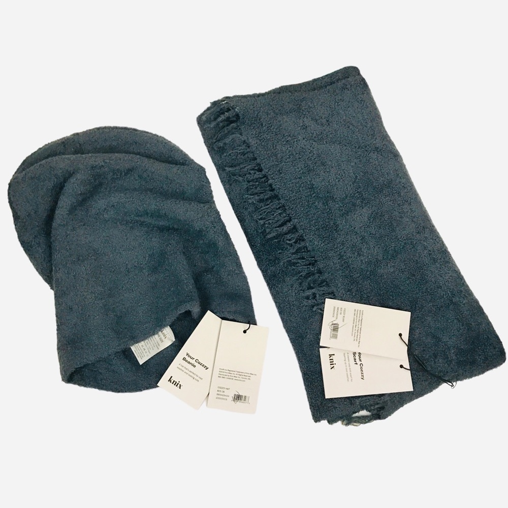 KNIX Cozzzy Super Soft Fringed Scarf And Beanie Cap Hat Set Smokeshow Blue Gray